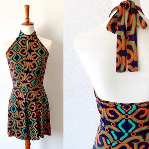 Groovy  Romper Playsuit Halter Top Jumper Open Back Festival Fashion Funky | M L